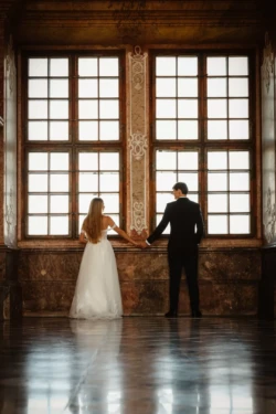 Sesja w pałacu Para młoda trzymająca się za rękę, wpatrzona w okno, w zabytkowym, barokowym pałacu.